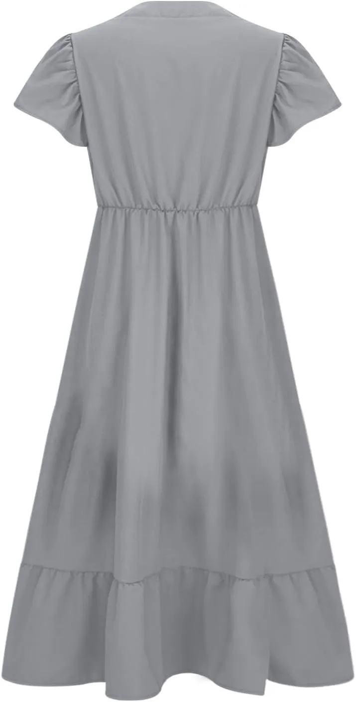 HGps8w Womens Flutter Sleeve Plus Size Summer Maxi Dress Elegant V Neck Ruffle Hem A-Line Swing Cocktail Dresses with Pockets