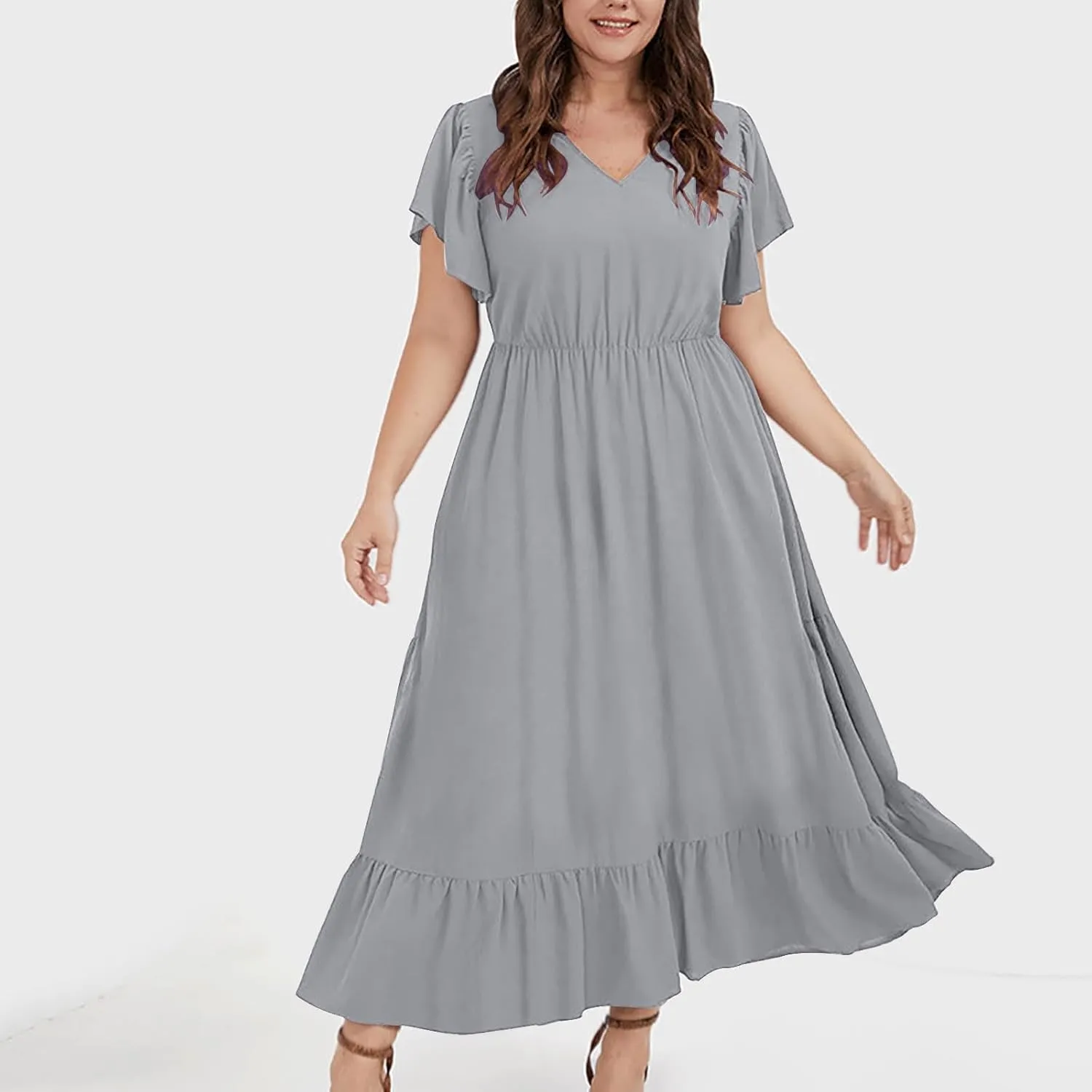 HGps8w Womens Flutter Sleeve Plus Size Summer Maxi Dress Elegant V Neck Ruffle Hem A-Line Swing Cocktail Dresses with Pockets