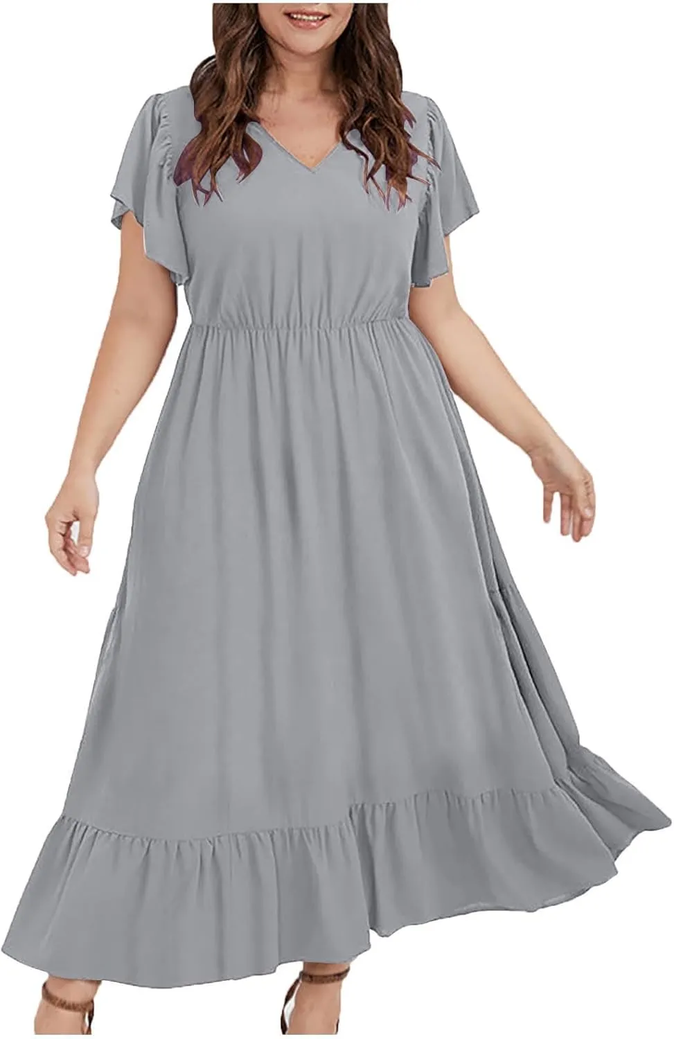 HGps8w Womens Flutter Sleeve Plus Size Summer Maxi Dress Elegant V Neck Ruffle Hem A-Line Swing Cocktail Dresses with Pockets