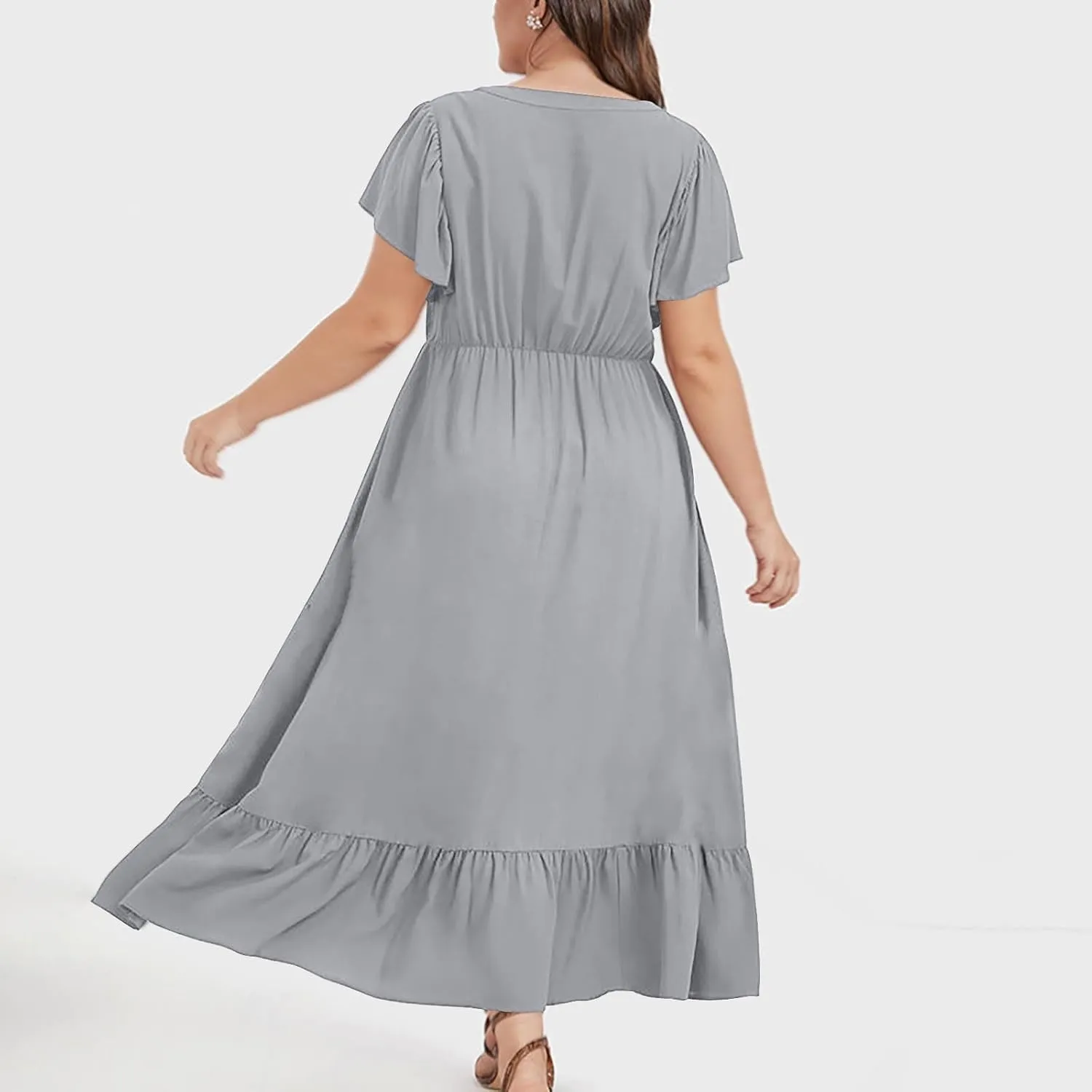 HGps8w Womens Flutter Sleeve Plus Size Summer Maxi Dress Elegant V Neck Ruffle Hem A-Line Swing Cocktail Dresses with Pockets