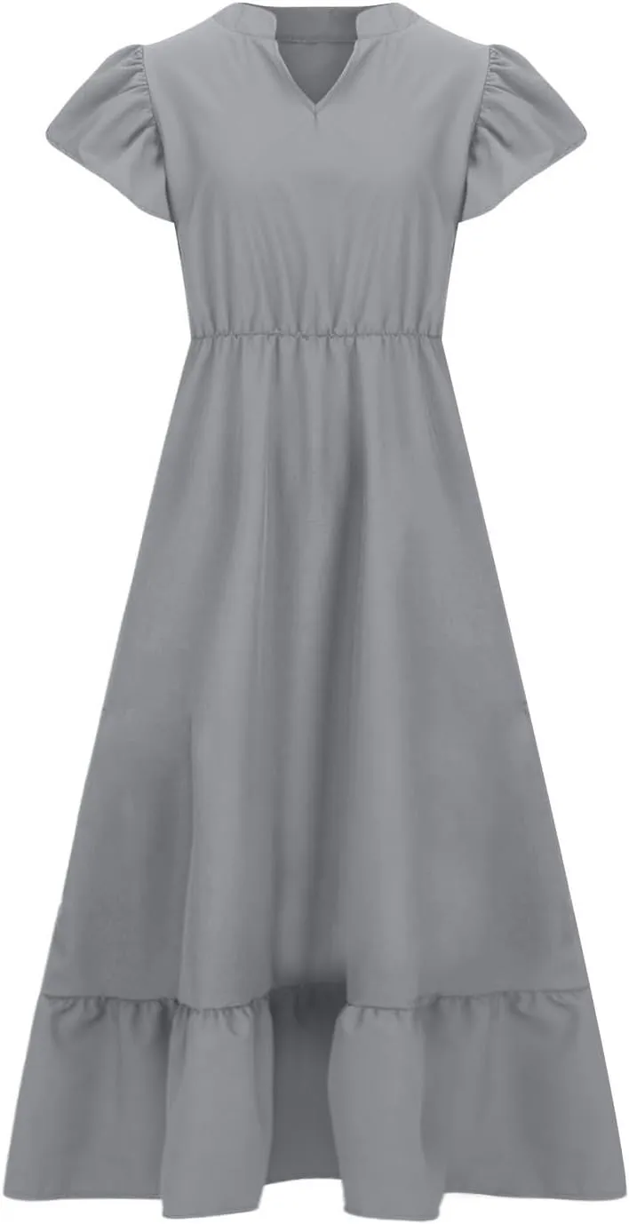 HGps8w Womens Flutter Sleeve Plus Size Summer Maxi Dress Elegant V Neck Ruffle Hem A-Line Swing Cocktail Dresses with Pockets