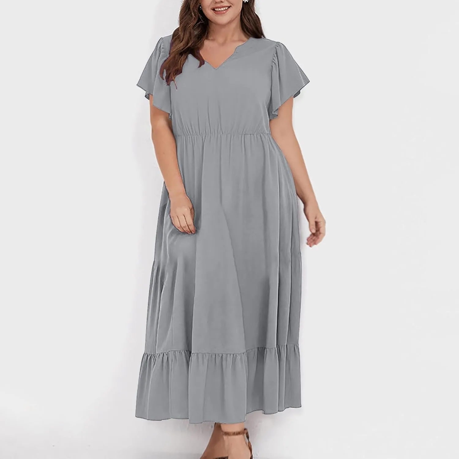 HGps8w Womens Flutter Sleeve Plus Size Summer Maxi Dress Elegant V Neck Ruffle Hem A-Line Swing Cocktail Dresses with Pockets