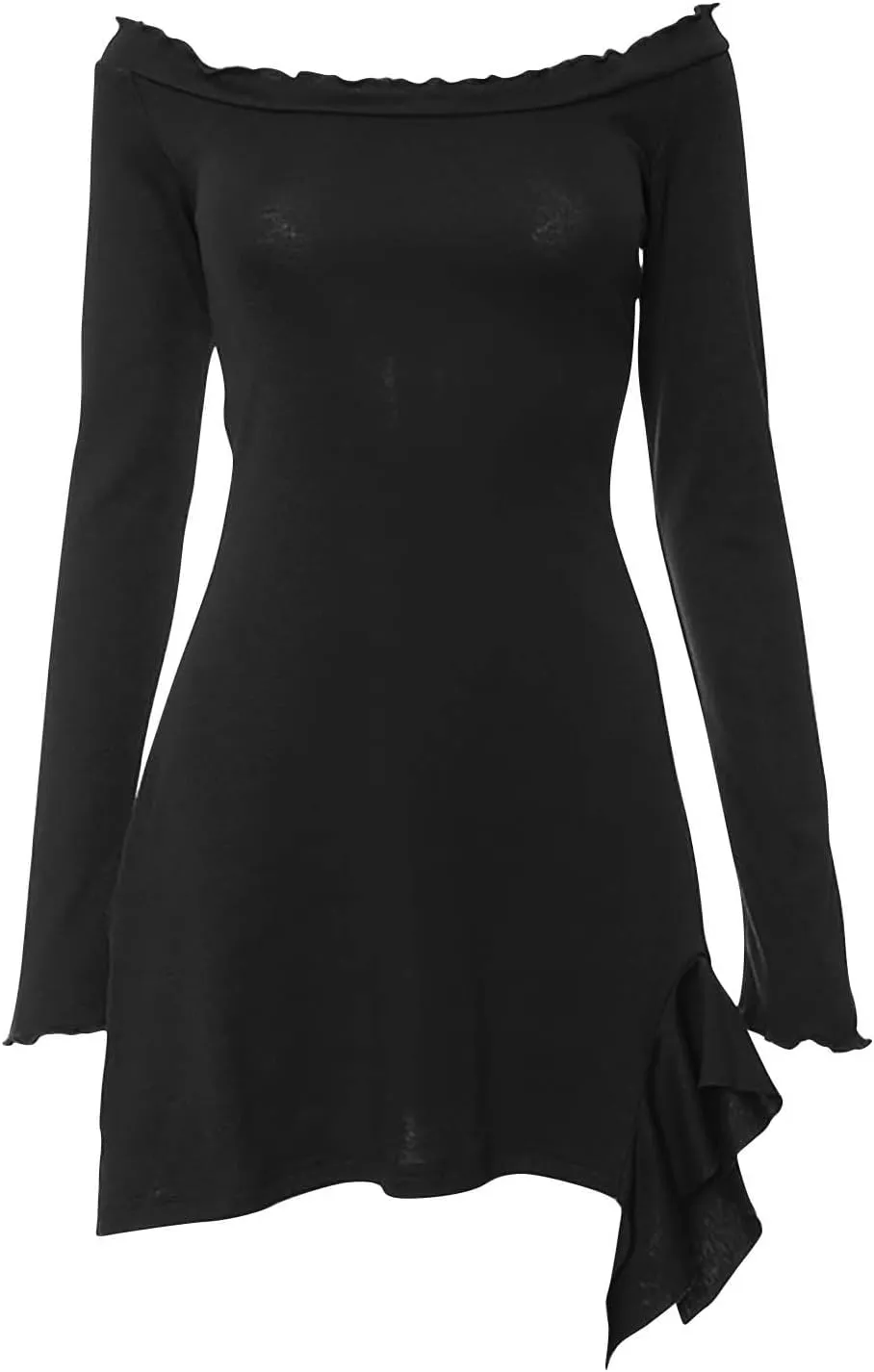 HGps8w Women's Sexy Off Shoulder Long Sleeve Dress Ruffle Hem Casual Slim Fit Solid Color Party Club Mini Dresses