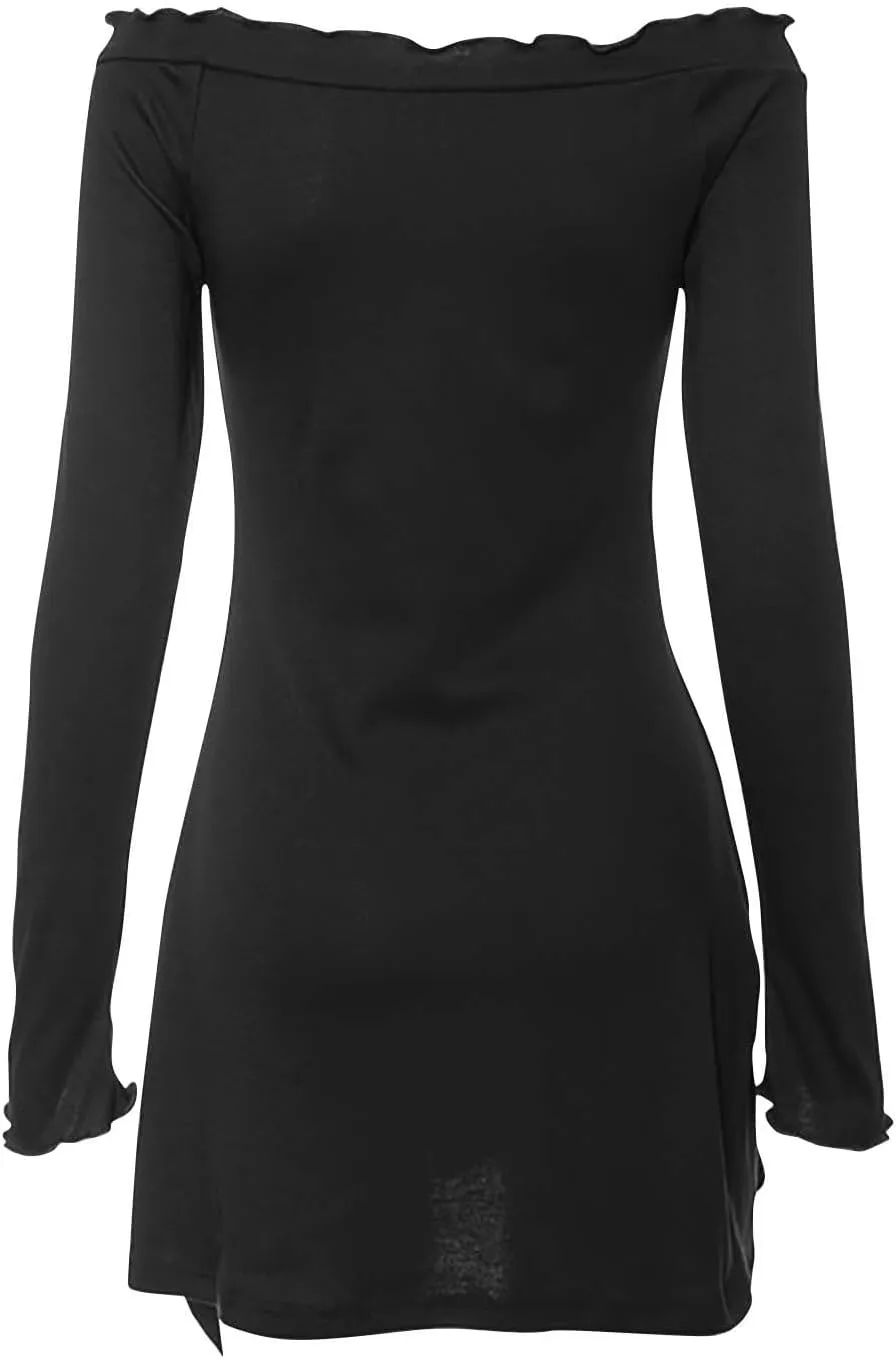 HGps8w Women's Sexy Off Shoulder Long Sleeve Dress Ruffle Hem Casual Slim Fit Solid Color Party Club Mini Dresses