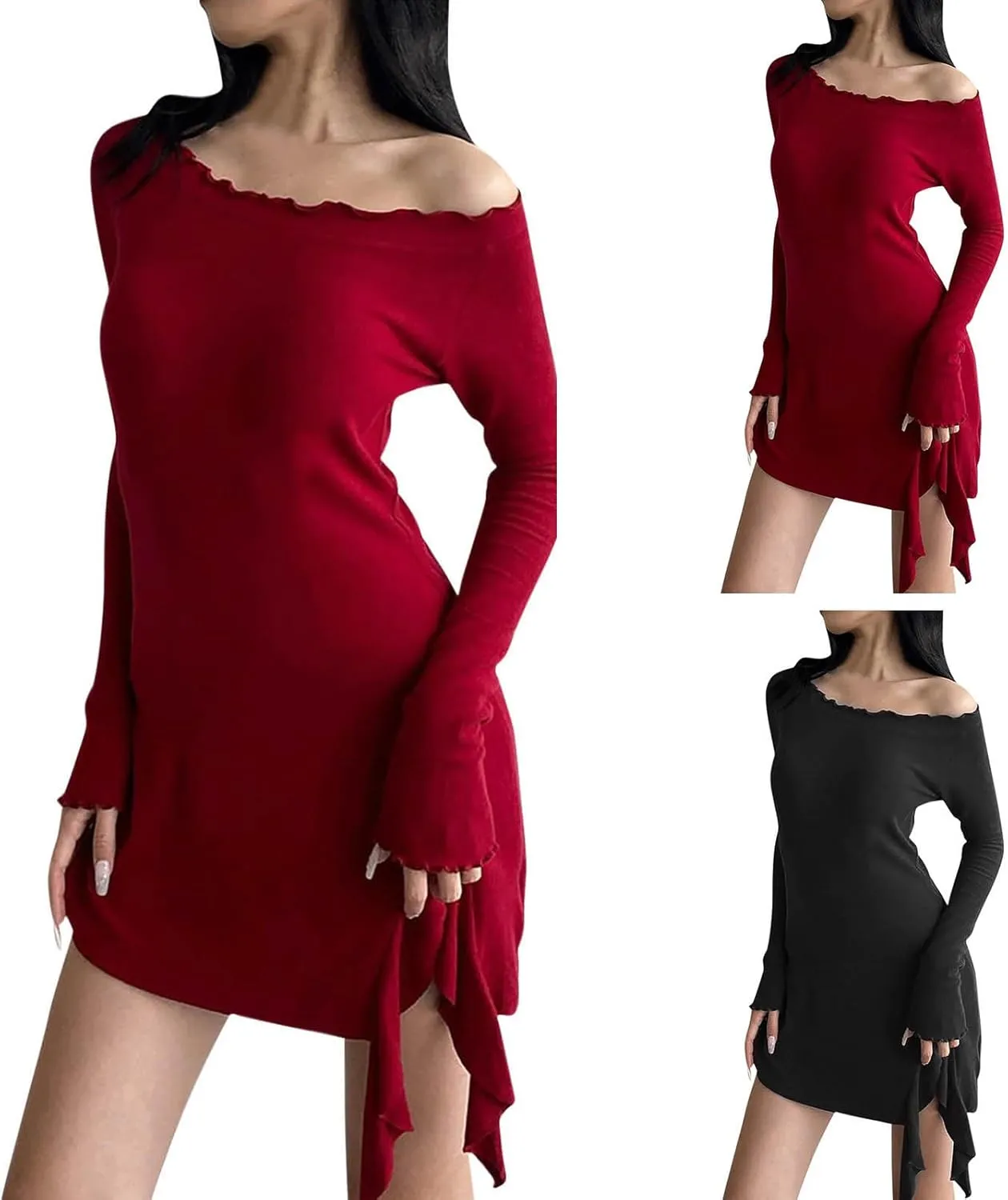 HGps8w Women's Sexy Off Shoulder Long Sleeve Dress Ruffle Hem Casual Slim Fit Solid Color Party Club Mini Dresses