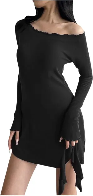 HGps8w Women's Sexy Off Shoulder Long Sleeve Dress Ruffle Hem Casual Slim Fit Solid Color Party Club Mini Dresses
