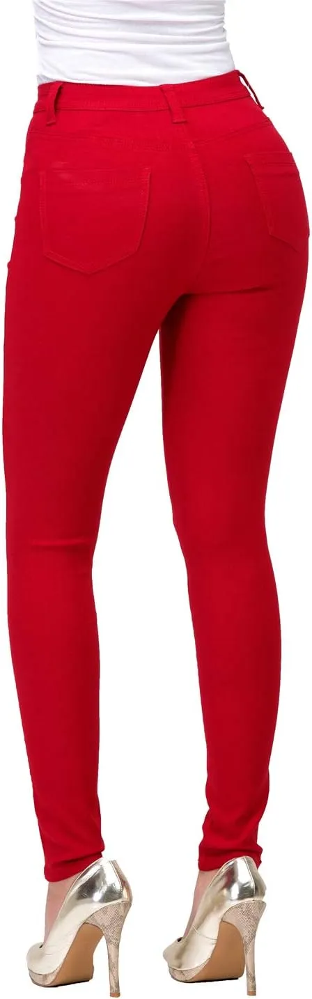 High Waisted-Rise Colored Stretch Skinny Destroyed Ripped Distressed Jeans for Women Olive Mustard RED