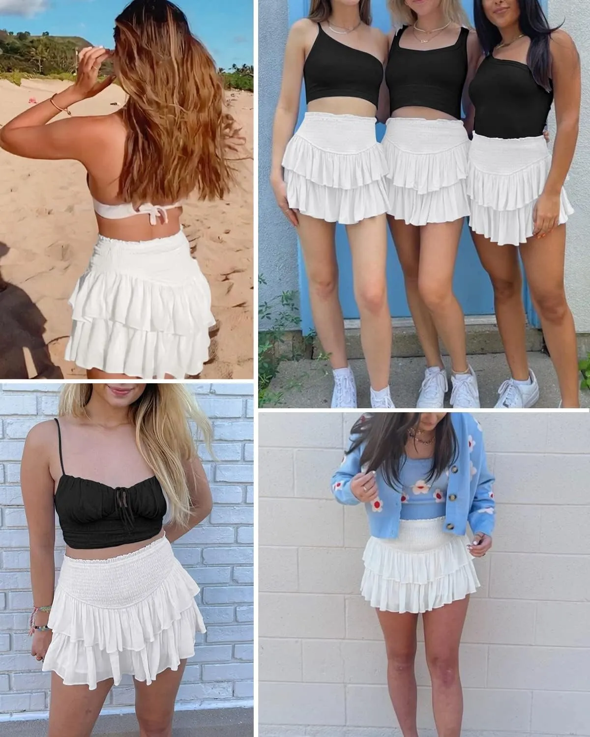HOKOYI Women's Summer High Waist Smocked Ruffle Skirt Cute Flowy Layered Mini Skirt Skort Beach Casual