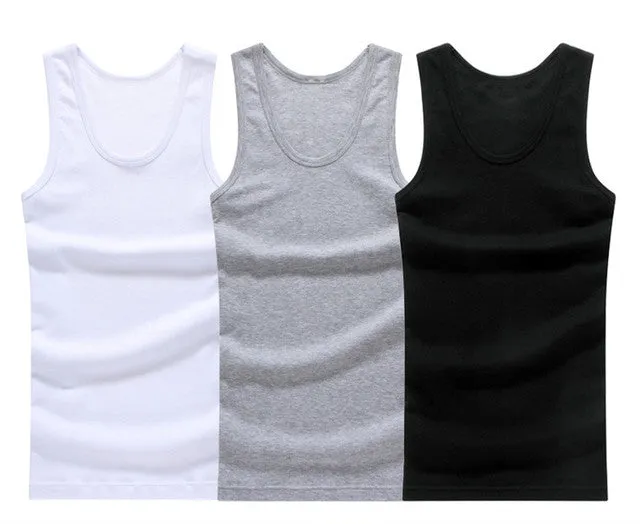 Hot Sale 3pcs / 100% Cotton Mens Sleeveless Tank Top Solid Muscle Vest Undershirts O-neck Gymclothing Tees Whorl Tops