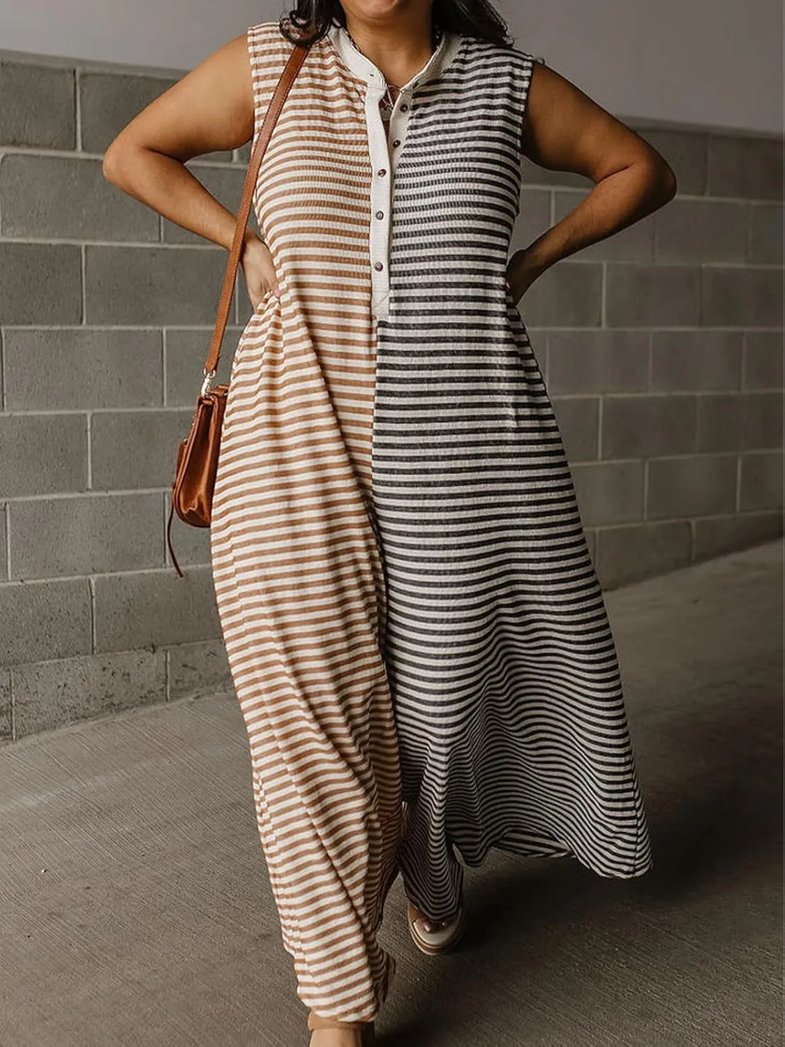 HOULENGS Women's Casual Striped Sleeveless Jumpsuit Wide Leg Flowy Rompers Button Baggy One Piece Overalls with Pockets