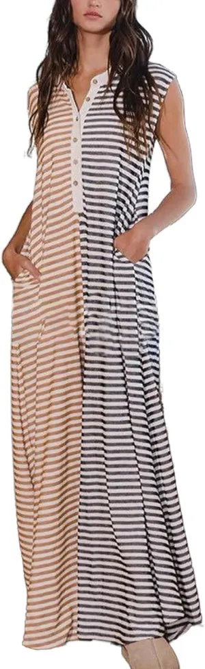 HOULENGS Women's Casual Striped Sleeveless Jumpsuit Wide Leg Flowy Rompers Button Baggy One Piece Overalls with Pockets