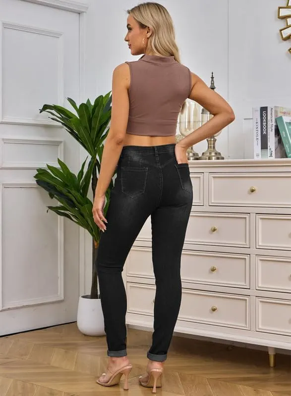 HUNGSON Women Low Waist Skinny Stretch Ripped Jeans Destroyed Denim Pants