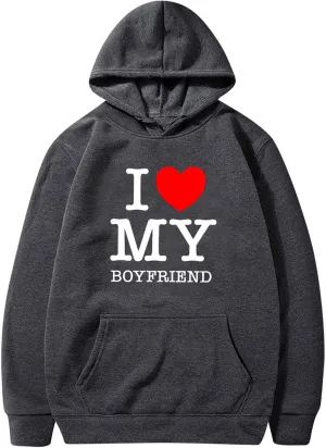 I Love Boyfriend Hoodies for Women Love Heart Print Sweatshirt Oversized Funny Letter Print Pullover Top with Pocket