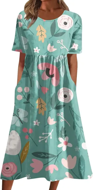 JJHAEVDY Dresses for Women Short Sleeve Crewneck Midi Dress High Waist Printed Dresses Loose Boho Dress Flowy Summer Dresses