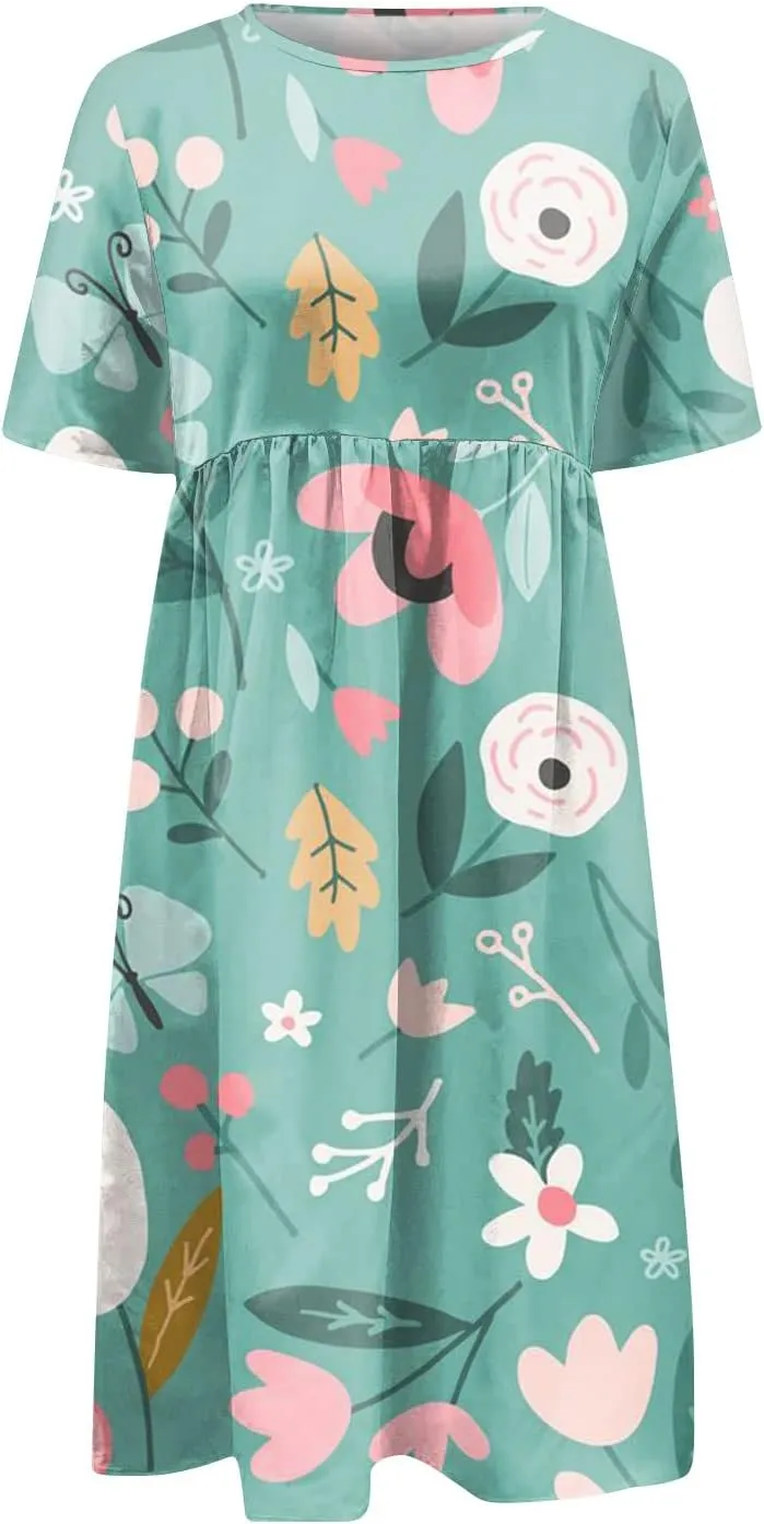 JJHAEVDY Dresses for Women Short Sleeve Crewneck Midi Dress High Waist Printed Dresses Loose Boho Dress Flowy Summer Dresses