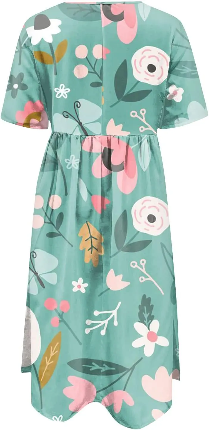 JJHAEVDY Dresses for Women Short Sleeve Crewneck Midi Dress High Waist Printed Dresses Loose Boho Dress Flowy Summer Dresses