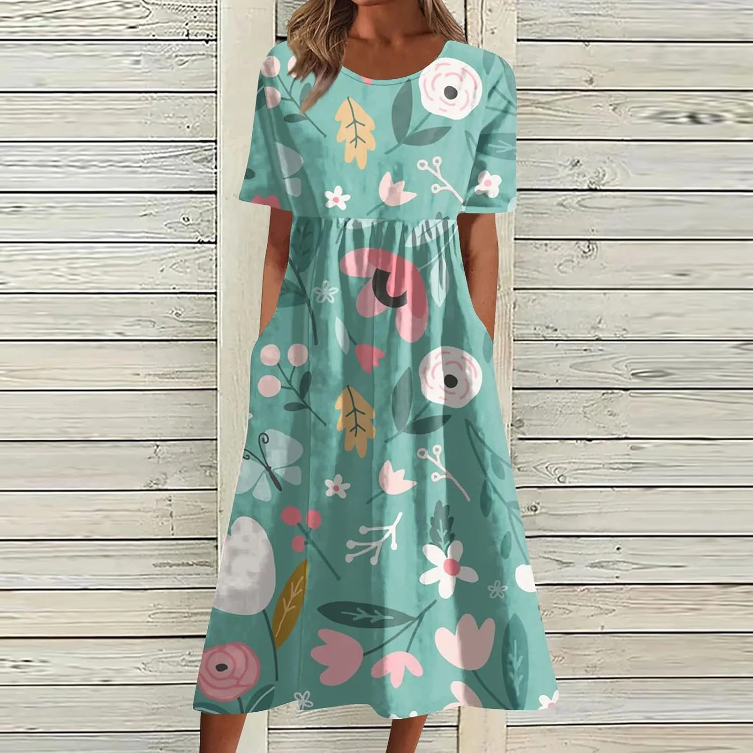 JJHAEVDY Dresses for Women Short Sleeve Crewneck Midi Dress High Waist Printed Dresses Loose Boho Dress Flowy Summer Dresses