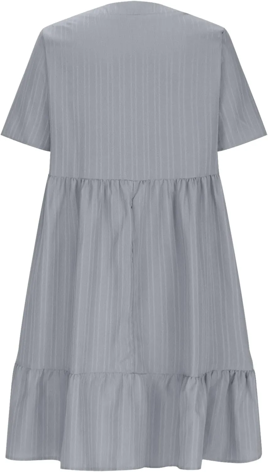 JOAU Women Summer Boho Short Sleeve Beach Textured Mini Dress Casual V-Neck Ruffle Hem Pleated T-Shirt Dress Travel Vacation
