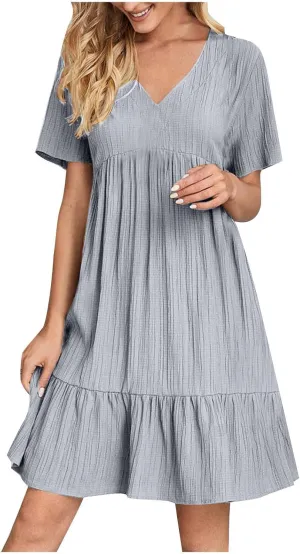 JOAU Women Summer Boho Short Sleeve Beach Textured Mini Dress Casual V-Neck Ruffle Hem Pleated T-Shirt Dress Travel Vacation