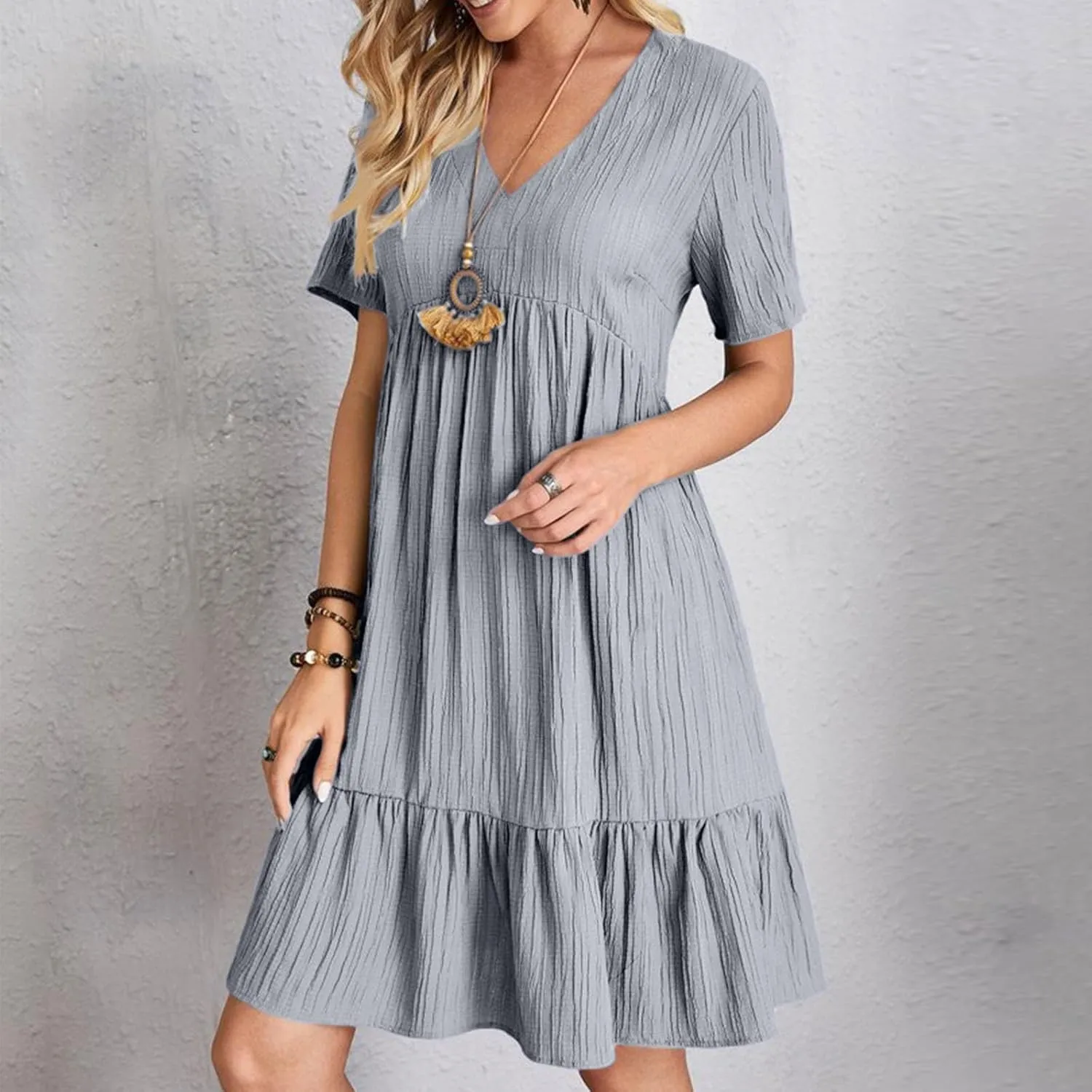 JOAU Women Summer Boho Short Sleeve Beach Textured Mini Dress Casual V-Neck Ruffle Hem Pleated T-Shirt Dress Travel Vacation