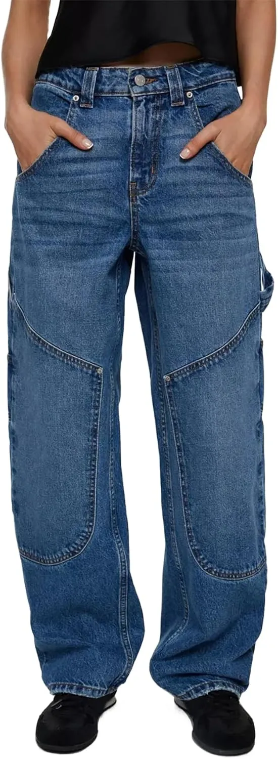Kedera Mid Rise Barrel Baggy Carpenter Jeans for Women Wide Leg Denim Pants Baggy Boyfriend Cargo Jeans