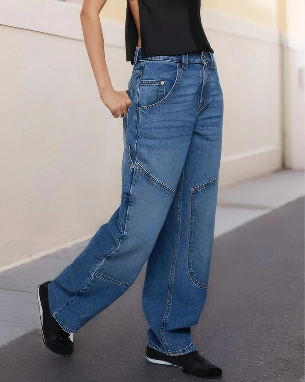 Kedera Mid Rise Barrel Baggy Carpenter Jeans for Women Wide Leg Denim Pants Baggy Boyfriend Cargo Jeans