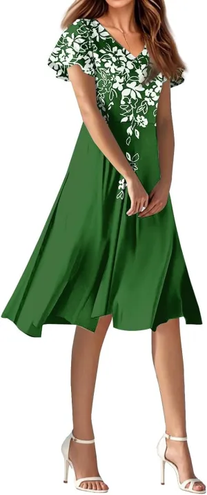 Knee Length Dress for Women Bohemian Summer Short Sleeve Summer 2025 V Neck Modest Sundress Floral Dress