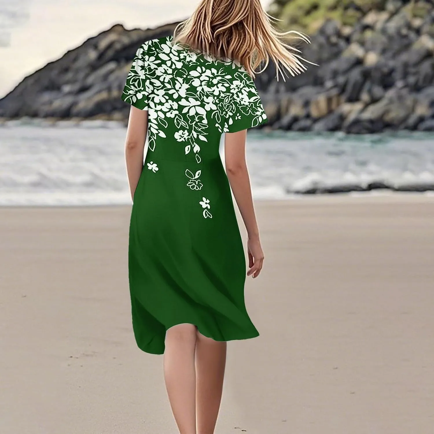 Knee Length Dress for Women Bohemian Summer Short Sleeve Summer 2025 V Neck Modest Sundress Floral Dress