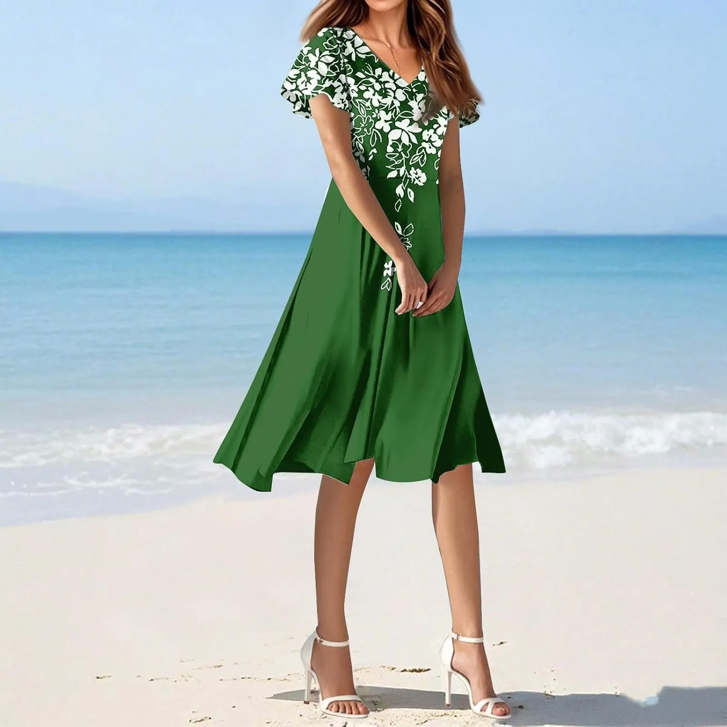 Knee Length Dress for Women Bohemian Summer Short Sleeve Summer 2025 V Neck Modest Sundress Floral Dress
