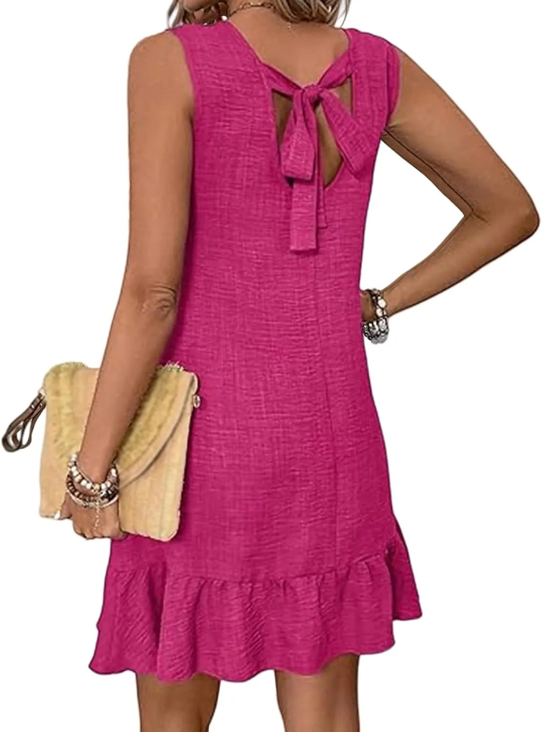 Kubbon Casual Dresses for Women Ruffle Hem Sleeveless Mini Dresses Loose Flowy Sundress Soild Color Back Bow Tie Dress
