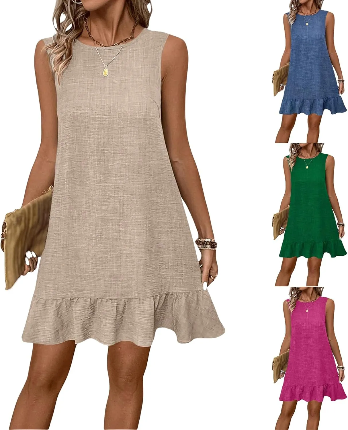 Kubbon Casual Dresses for Women Ruffle Hem Sleeveless Mini Dresses Loose Flowy Sundress Soild Color Back Bow Tie Dress