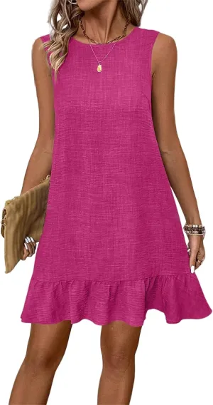 Kubbon Casual Dresses for Women Ruffle Hem Sleeveless Mini Dresses Loose Flowy Sundress Soild Color Back Bow Tie Dress