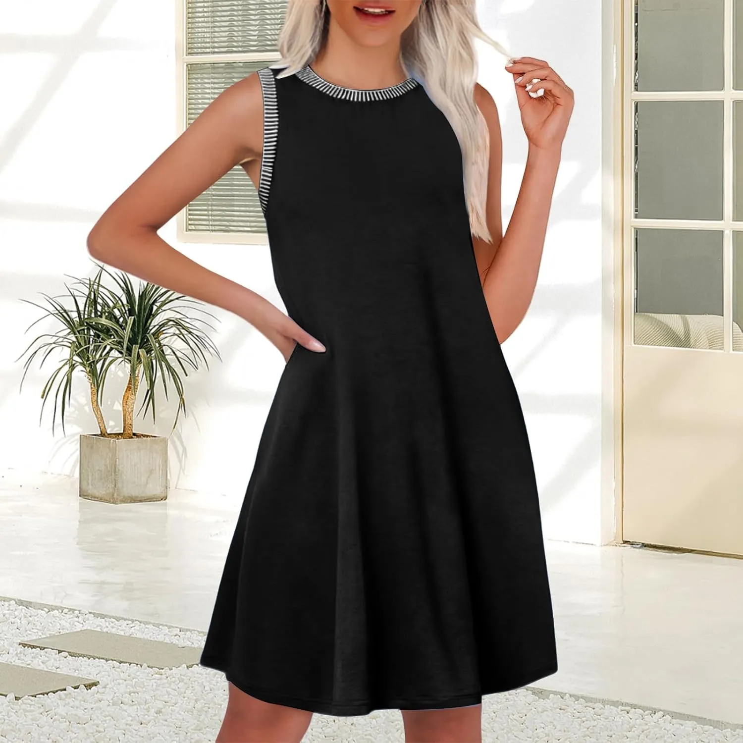 Kubbon Sundresses for Women Sleeveless Round Neck Tank Dresses Casual Loose Summer Mini Dress Flowy Travel Beach Dresses