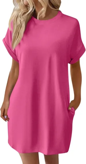 Kubbon Womens Casual Summer T Shirt Dress Crewneck Short Sleeve Mini Dresses Loose Fit Knee Length Beach Short Dresses