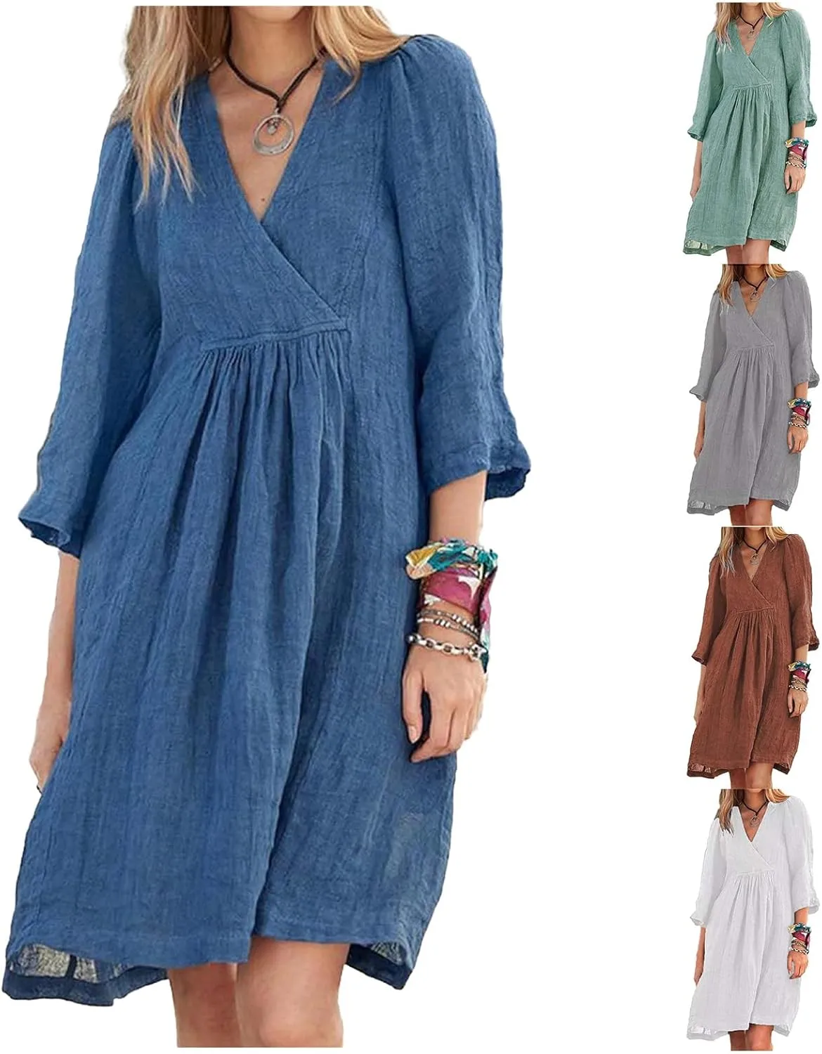 Kubbon Womens Summer Dresses Cotton Linen A Line Dresses Loose Half Sleeve V Neck Dress Flowy Midi Dress 2025 Fashion