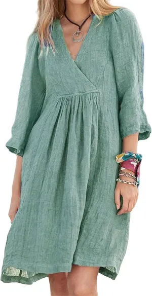 Kubbon Womens Summer Dresses Cotton Linen A Line Dresses Loose Half Sleeve V Neck Dress Flowy Midi Dress 2025 Fashion