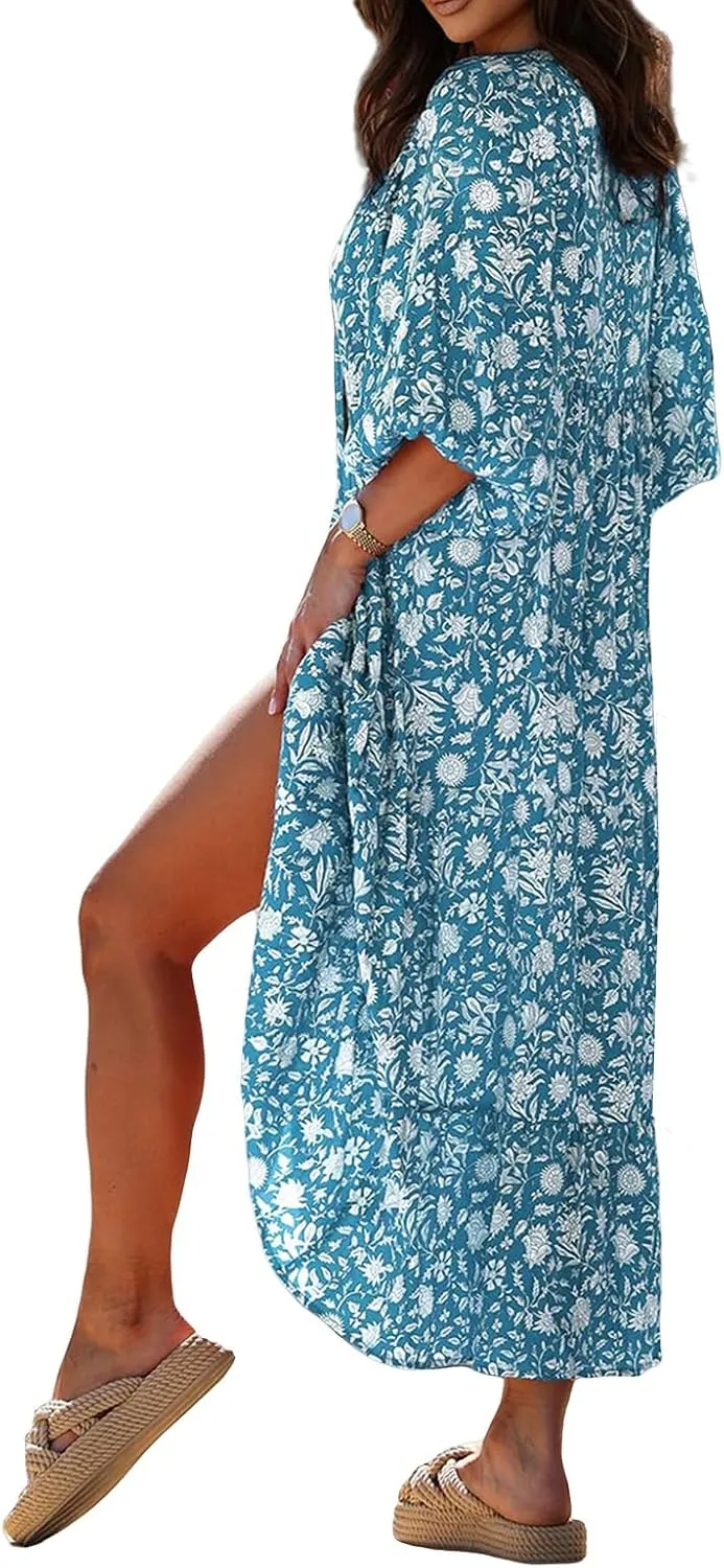 Kubbon Womens Summer Maxi Dress 2025 Puff Sleeve Boho Dresses Casual Geometric Pattern Flowy Beach Dress Vacation Travel