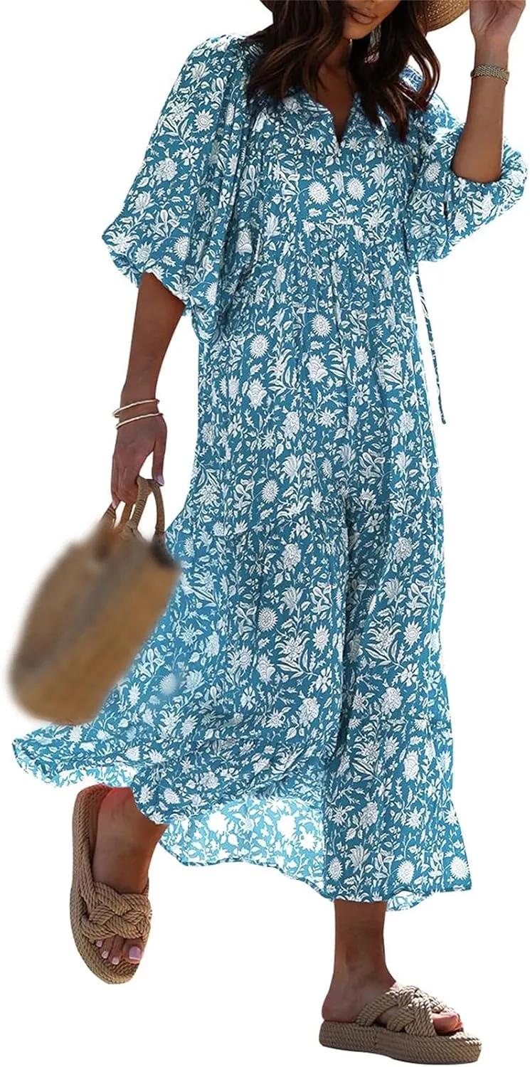 Kubbon Womens Summer Maxi Dress 2025 Puff Sleeve Boho Dresses Casual Geometric Pattern Flowy Beach Dress Vacation Travel
