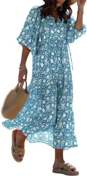 Kubbon Womens Summer Maxi Dress 2025 Puff Sleeve Boho Dresses Casual Geometric Pattern Flowy Beach Dress Vacation Travel