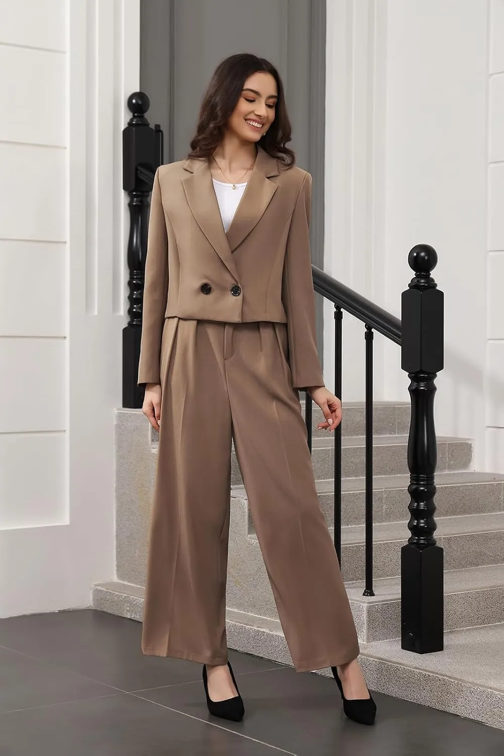 Lamgool Women's Suit 2 Piece Casual Outfits Cropped Blazer High Waisted Wide Leg Pants for Work