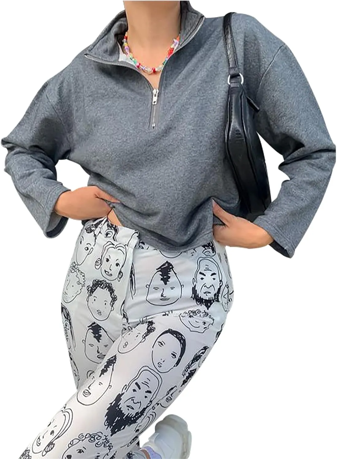 LAVASEON Womens Oversized Half Zip Lapel Sweatshirt Solid Color Casual Long Sleeve Cropped Pullover Top