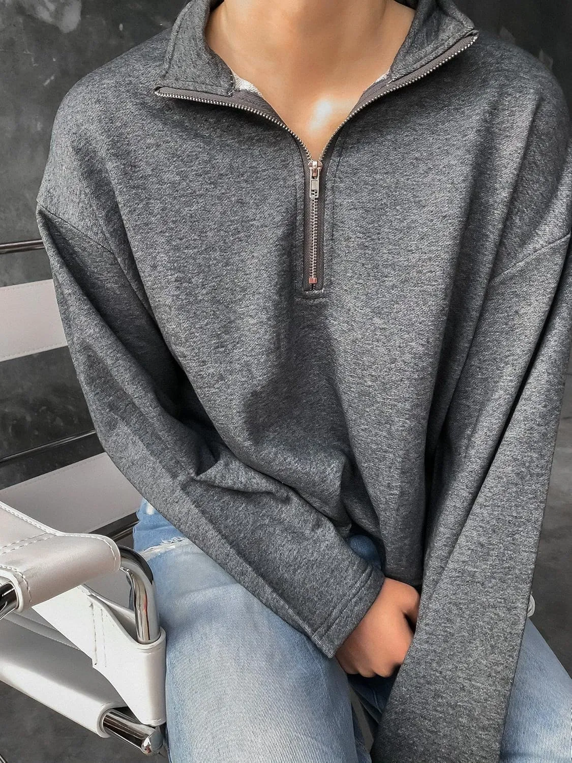LAVASEON Womens Oversized Half Zip Lapel Sweatshirt Solid Color Casual Long Sleeve Cropped Pullover Top