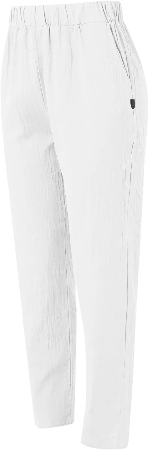 Linen Pants for Women Trendy Elastic Wasit Casual Wide Leg Trousers Ladies Beach Pants with Pockets Summer Clothes
