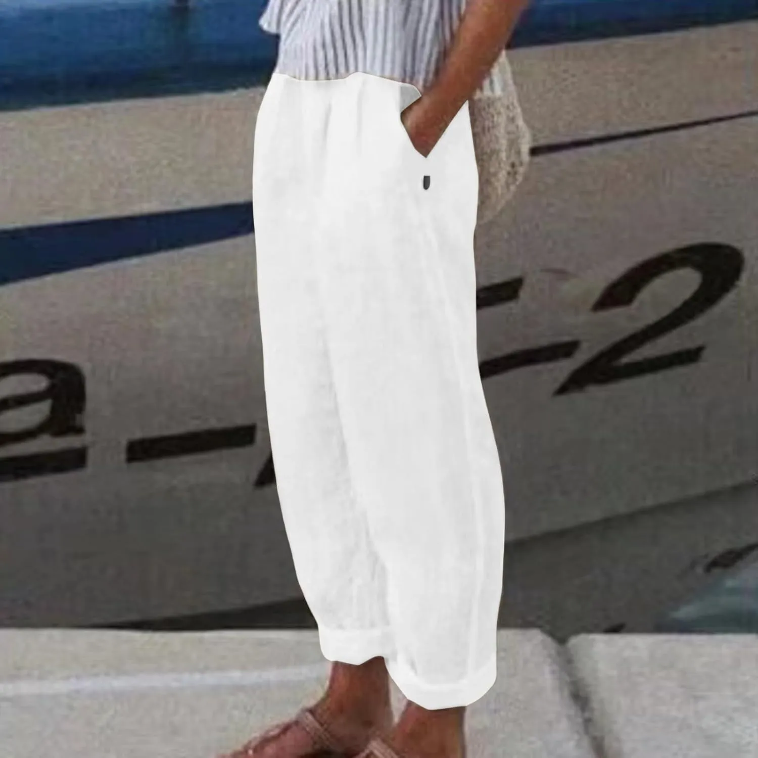Linen Pants for Women Trendy Elastic Wasit Casual Wide Leg Trousers Ladies Beach Pants with Pockets Summer Clothes