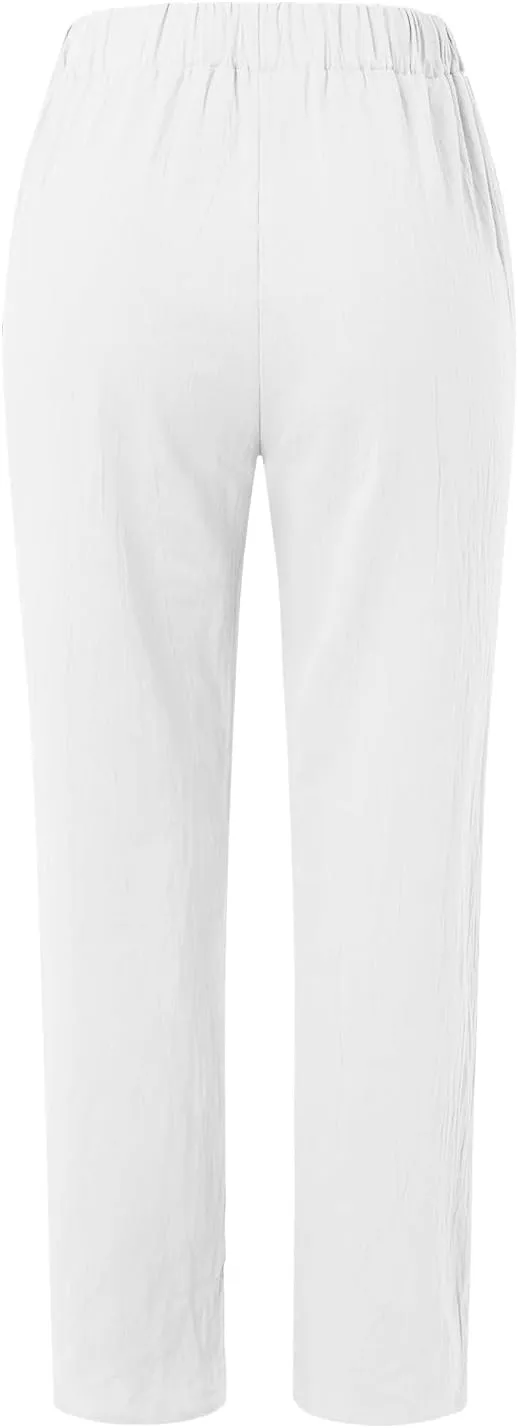 Linen Pants for Women Trendy Elastic Wasit Casual Wide Leg Trousers Ladies Beach Pants with Pockets Summer Clothes