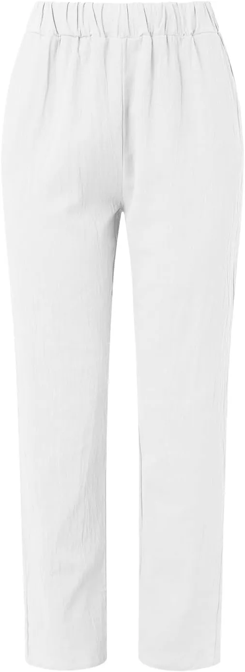 Linen Pants for Women Trendy Elastic Wasit Casual Wide Leg Trousers Ladies Beach Pants with Pockets Summer Clothes