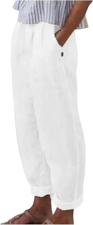 Linen Pants for Women Trendy Elastic Wasit Casual Wide Leg Trousers Ladies Beach Pants with Pockets Summer Clothes