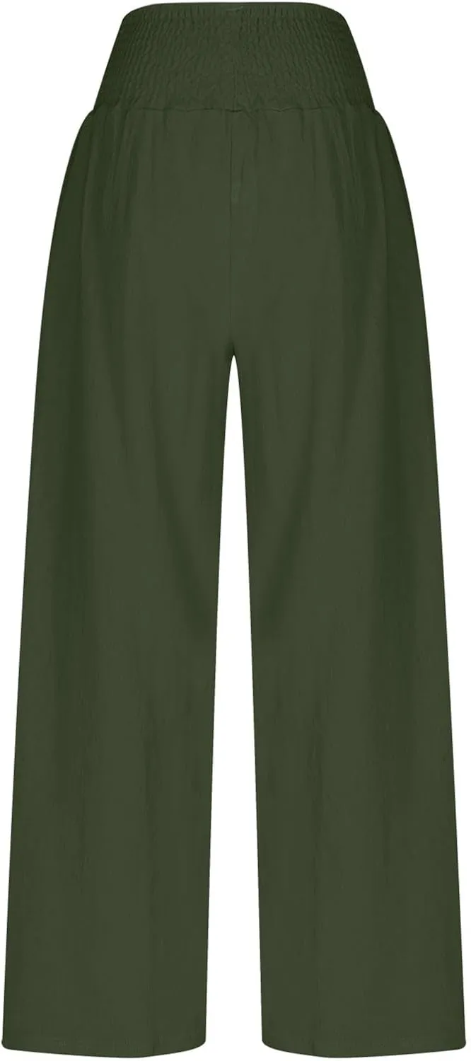 Linen Pants Women Trendy Ruffle Elastic High Wasit Palazzo Pants Dressy Casual Summer Wide Leg Trousers with Pockets