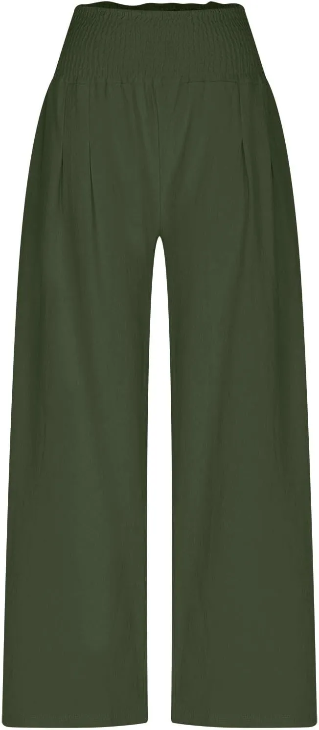 Linen Pants Women Trendy Ruffle Elastic High Wasit Palazzo Pants Dressy Casual Summer Wide Leg Trousers with Pockets