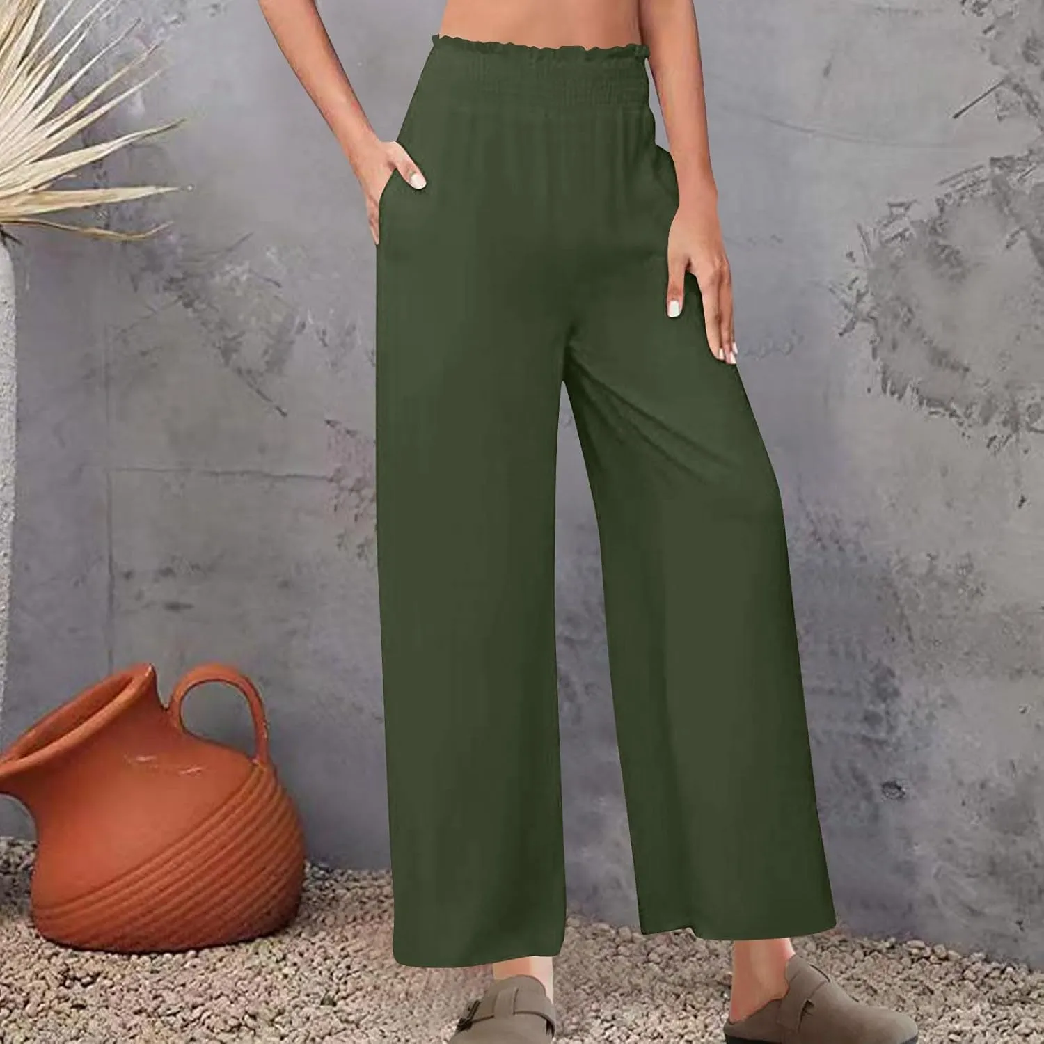 Linen Pants Women Trendy Ruffle Elastic High Wasit Palazzo Pants Dressy Casual Summer Wide Leg Trousers with Pockets